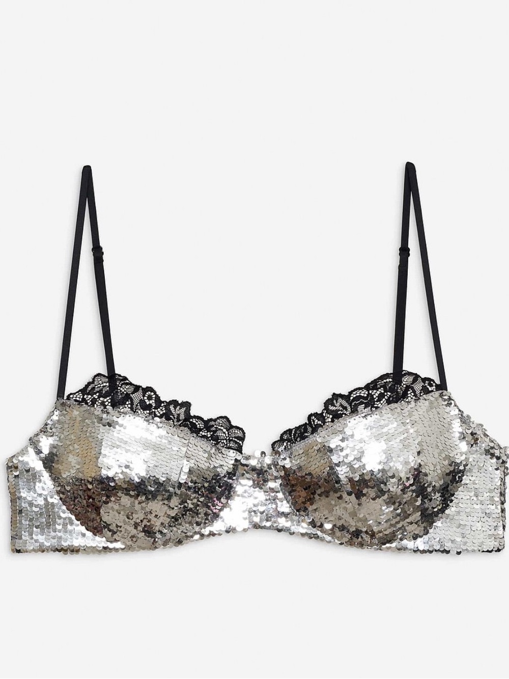 For Love And Lemons Maia Underwire Bra silver sequins black lace bra